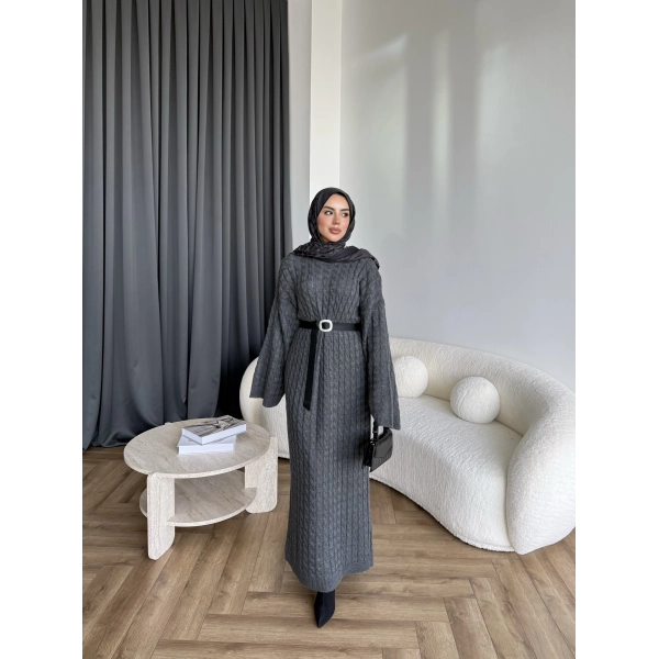 Nurs Örgü Detaylı Elbise - Gri