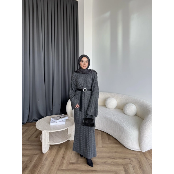Nurs Örgü Detaylı Elbise - Gri