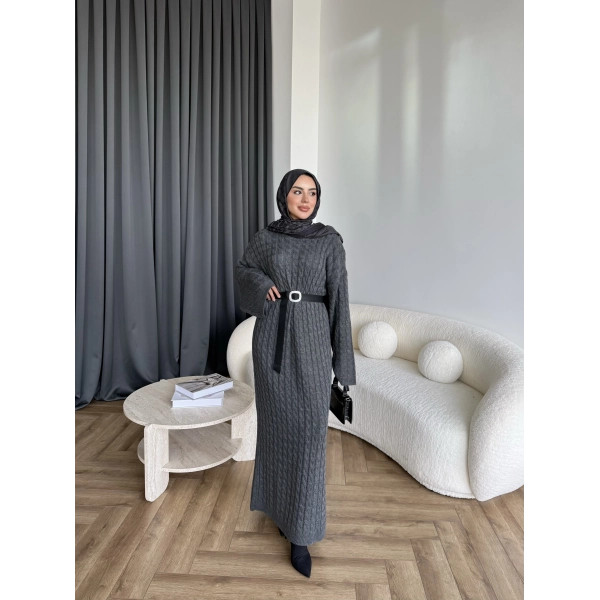 Nurs Örgü Detaylı Elbise - Gri