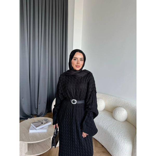 Nurs Örgü Detaylı Elbise - Siyah
