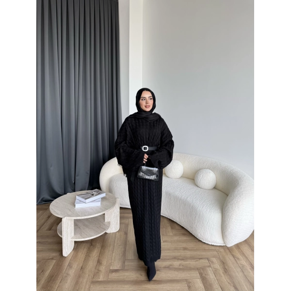 Nurs Örgü Detaylı Elbise - Siyah