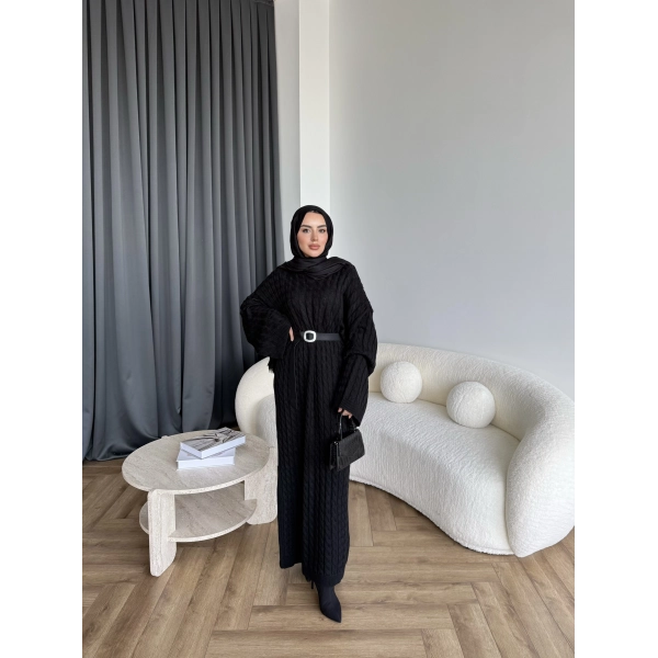 Nurs Örgü Detaylı Elbise - Siyah