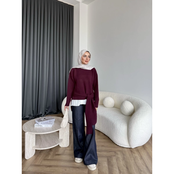 Ön Bağlamalı Triko Kazak - Bordo