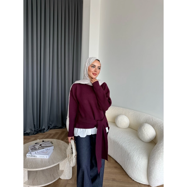 Ön Bağlamalı Triko Kazak - Bordo