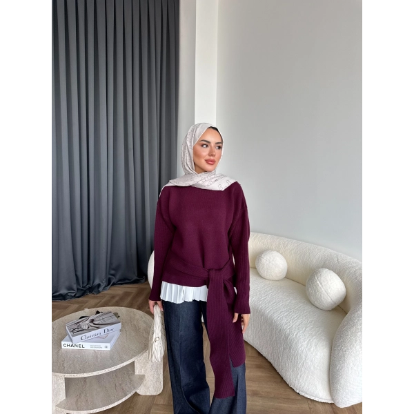 Ön Bağlamalı Triko Kazak - Bordo