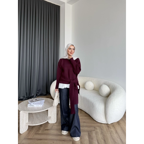 Ön Bağlamalı Triko Kazak - Bordo