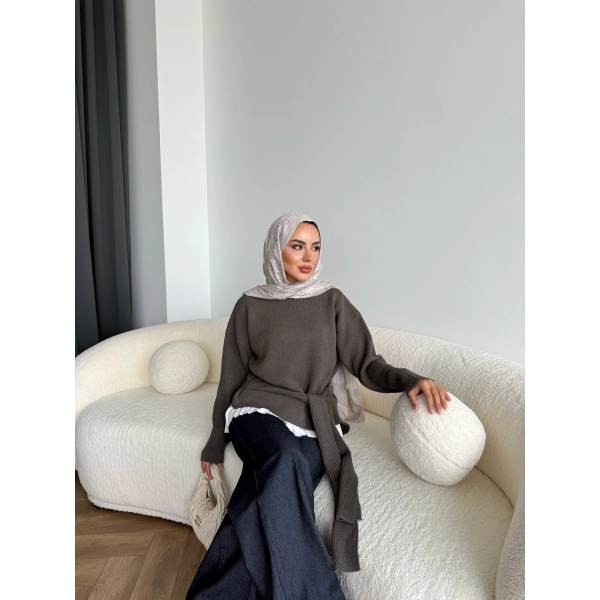 Ön Bağlamalı Triko Kazak - Haki