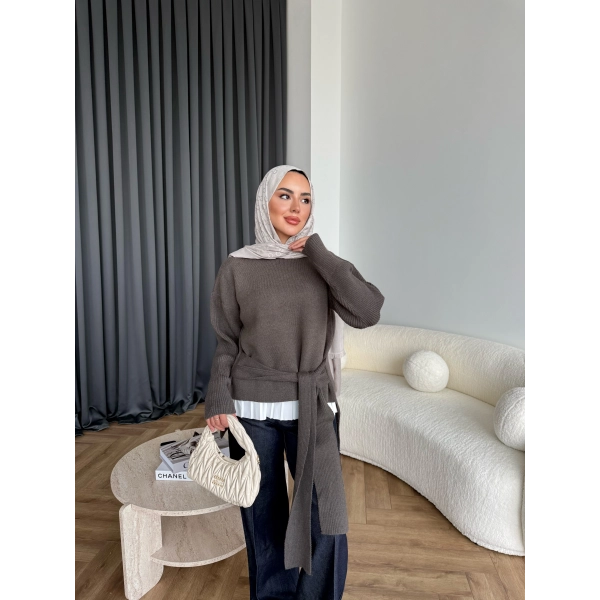 Ön Bağlamalı Triko Kazak - Haki