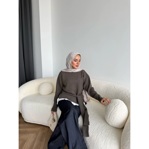 Ön Bağlamalı Triko Kazak - Haki