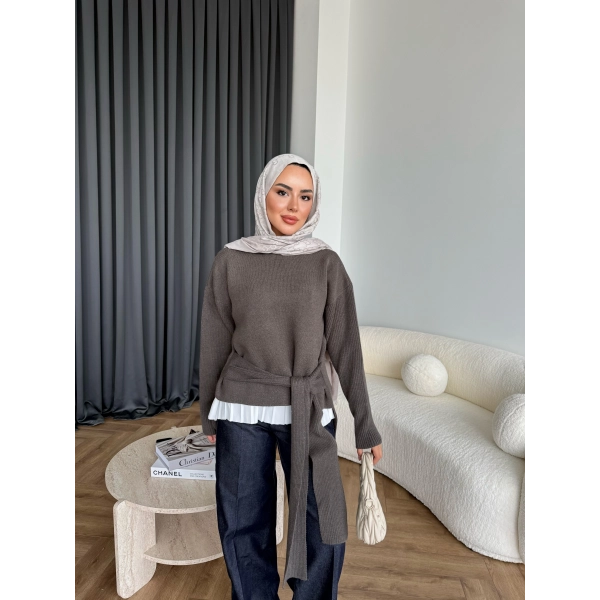 Ön Bağlamalı Triko Kazak - Haki