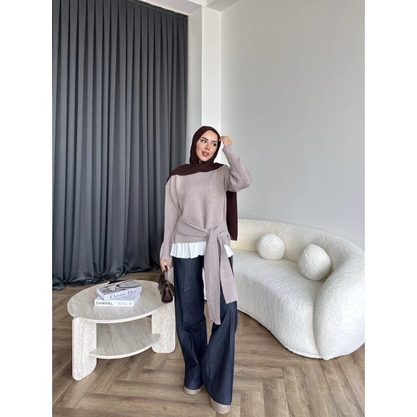 Ön Bağlamalı Triko Kazak - Vizon