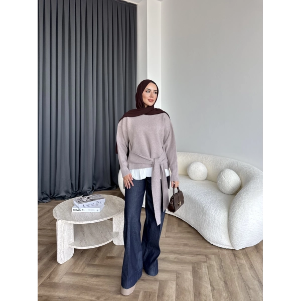 Ön Bağlamalı Triko Kazak - Vizon