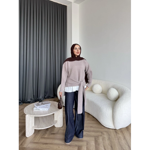 Ön Bağlamalı Triko Kazak - Vizon