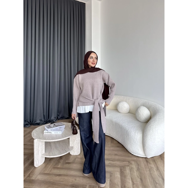 Ön Bağlamalı Triko Kazak - Vizon