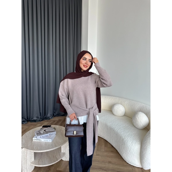 Ön Bağlamalı Triko Kazak - Vizon