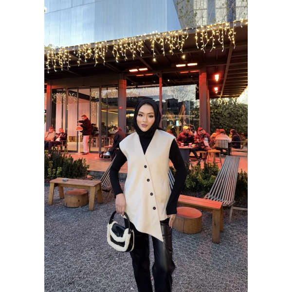 Önü Çapraz Düğmeli Yelek - Bej