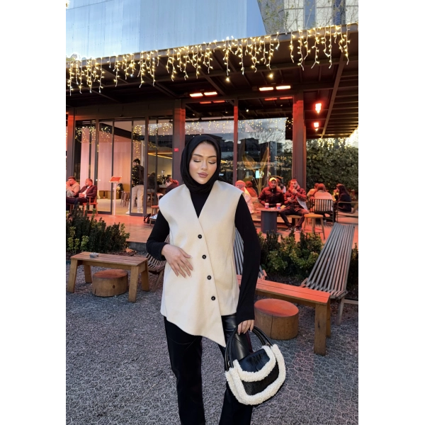 Önü Çapraz Düğmeli Yelek - Bej