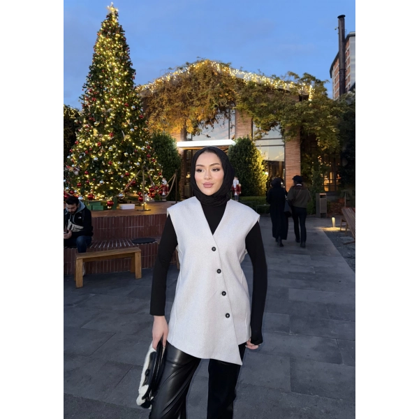 Önü Çapraz Düğmeli Yelek - Gri