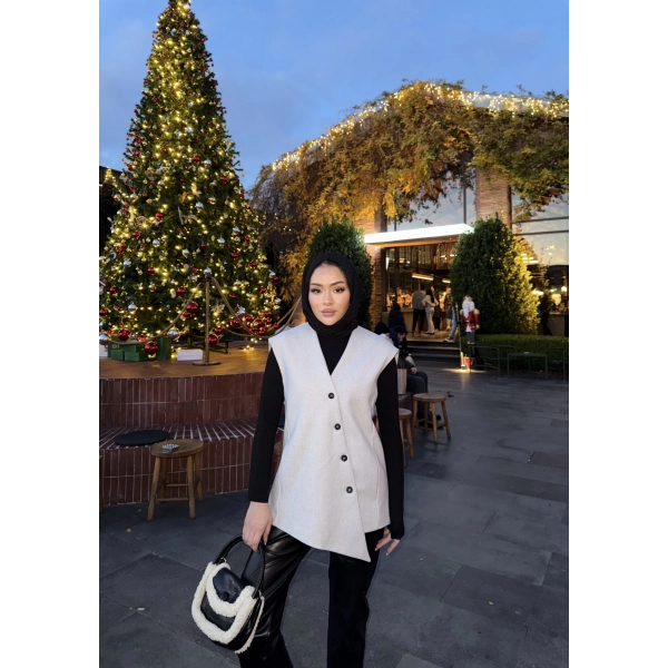 Önü Çapraz Düğmeli Yelek - Gri