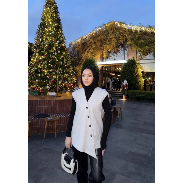 Önü Çapraz Düğmeli Yelek - Gri