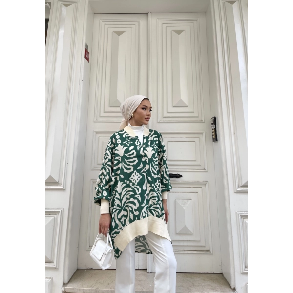 Önü Düğmeli Tunik - Yeşil - Krem