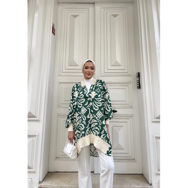 Önü Düğmeli Tunik - Yeşil - Krem