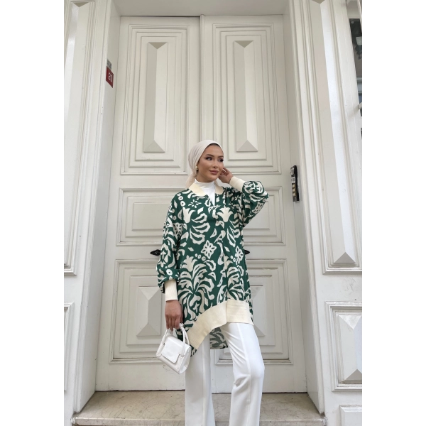 Önü Düğmeli Tunik - Yeşil - Krem