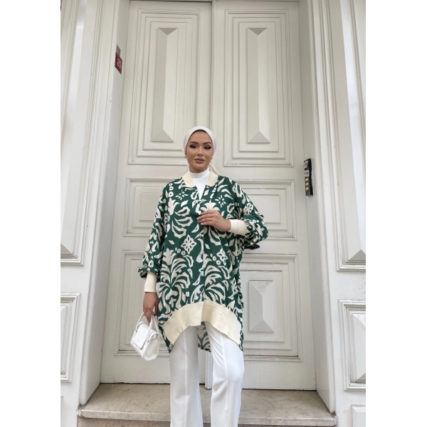 Önü Düğmeli Tunik - Yeşil - Krem