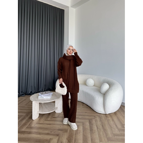 Örgü Atkı Detaylı Triko Takım - Acı Kahve