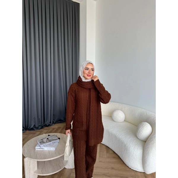 Örgü Atkı Detaylı Triko Takım - Acı Kahve