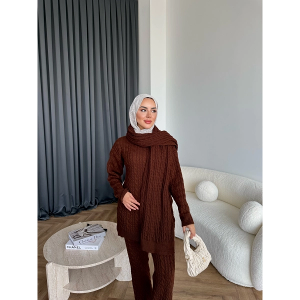 Örgü Atkı Detaylı Triko Takım - Acı Kahve