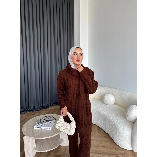 Örgü Atkı Detaylı Triko Takım - Acı Kahve