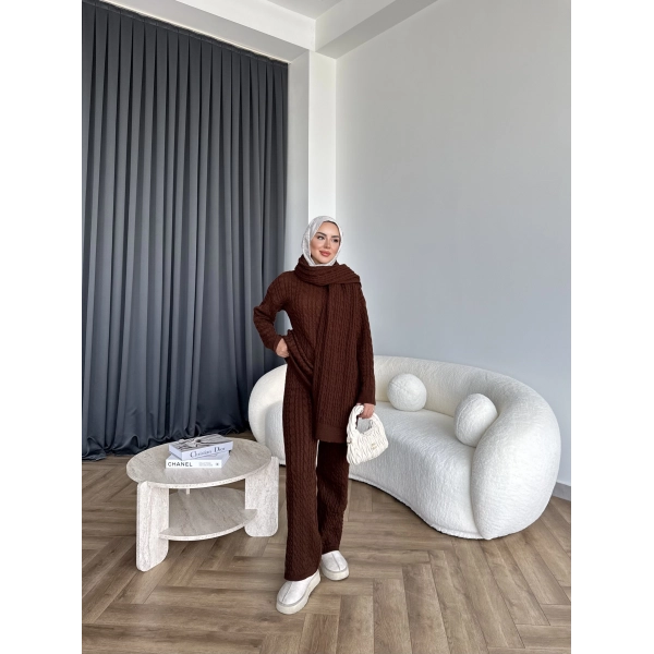 Örgü Atkı Detaylı Triko Takım - Acı Kahve