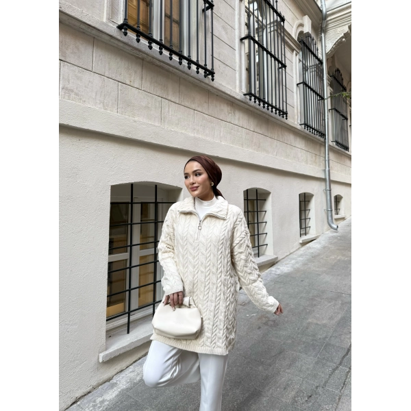 Örme Desen Triko Kazak - Bej