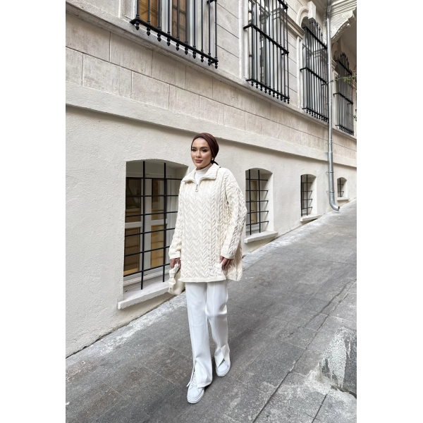 Örme Desen Triko Kazak - Bej