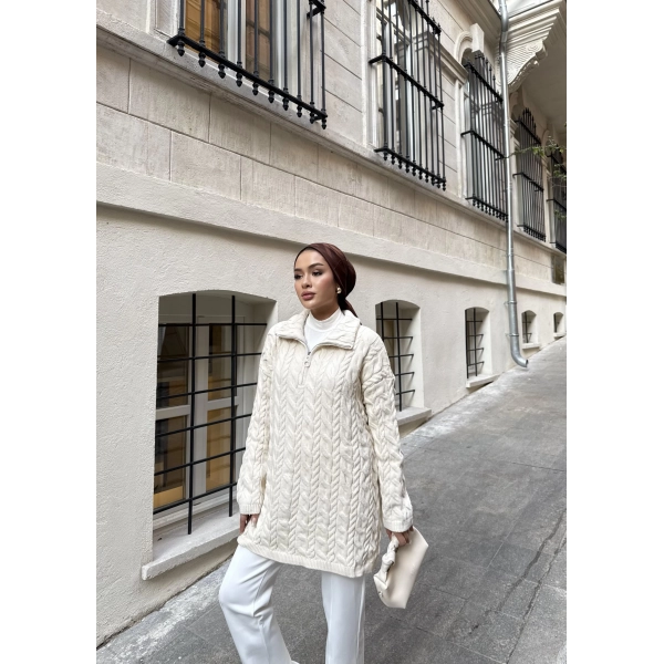 Örme Desen Triko Kazak - Bej