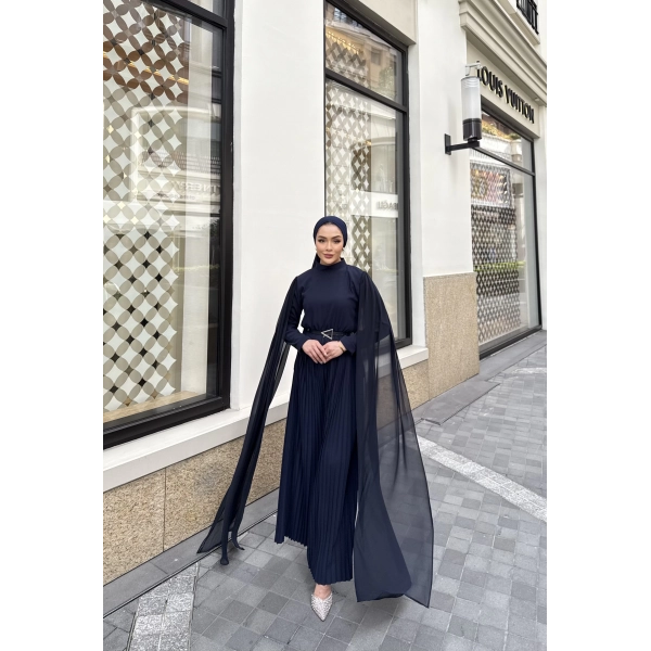 Pelerinli Piliseli Tasarım Tulum - Lacivert