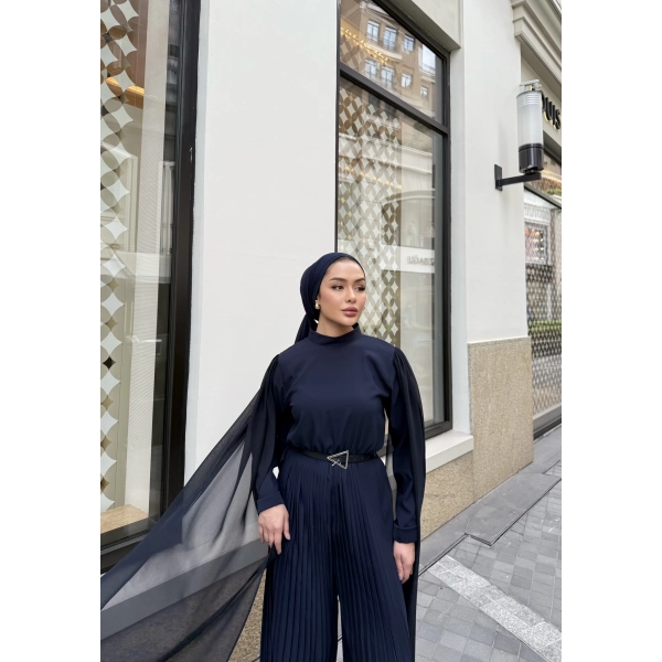 Pelerinli Piliseli Tasarım Tulum - Lacivert