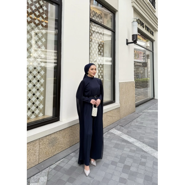 Pelerinli Piliseli Tasarım Tulum - Lacivert