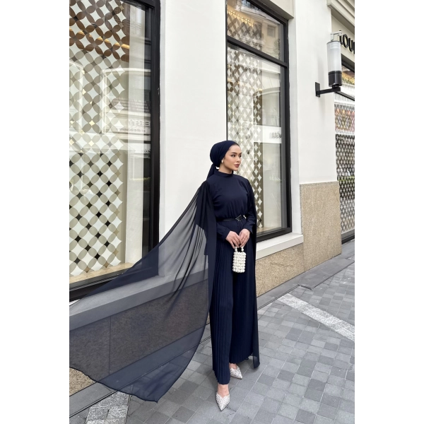 Pelerinli Piliseli Tasarım Tulum - Lacivert