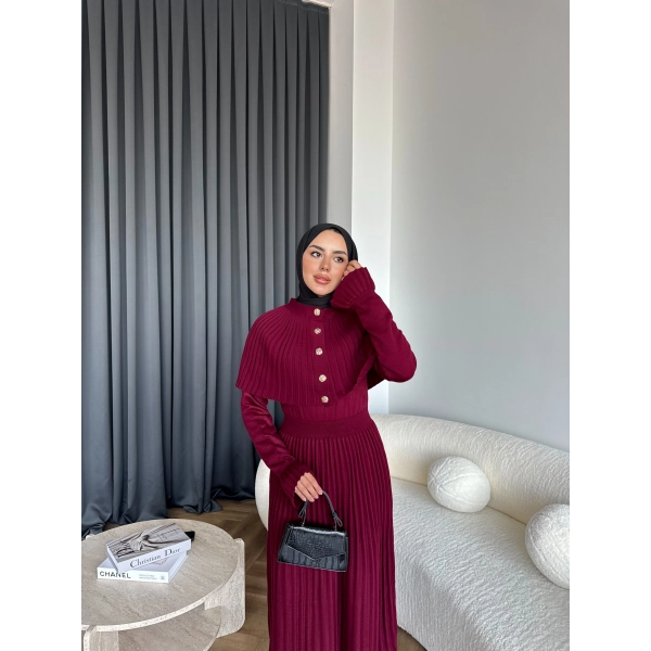 Piliseli Triko Elbise - Bordo