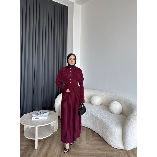 Piliseli Triko Elbise - Bordo