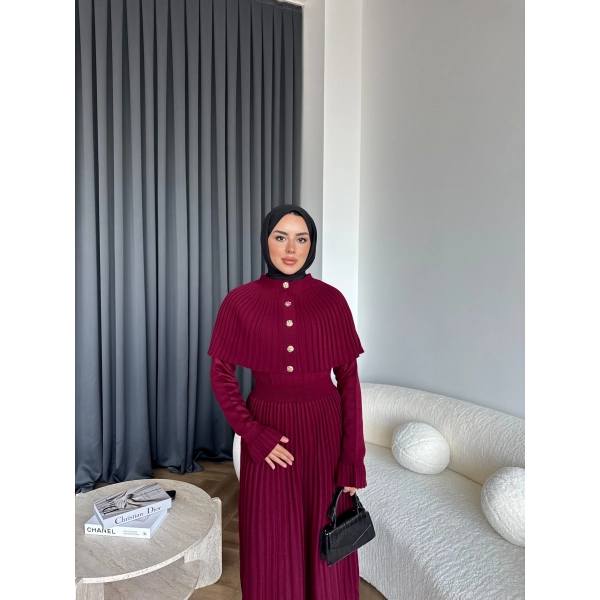 Piliseli Triko Elbise - Bordo