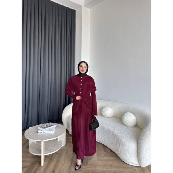 Piliseli Triko Elbise - Bordo