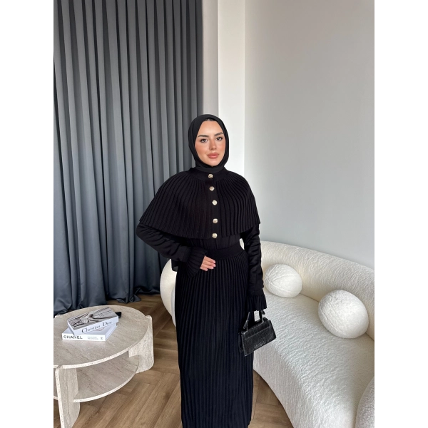 Piliseli Triko Elbise - Siyah