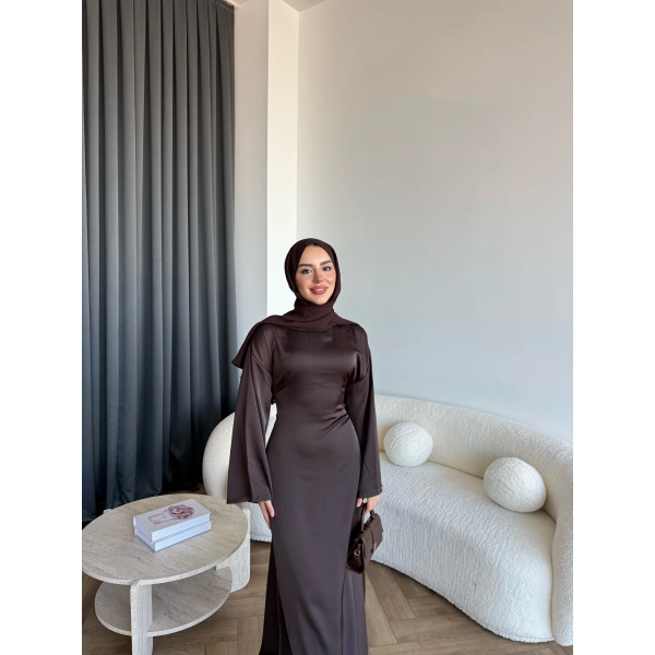 Pln- Aslıhan Saten Elbise - Acı Kahve