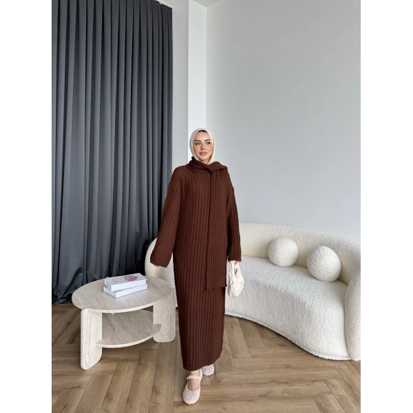 Pln-Atkı Örgü Triko Elbise - Acı Kahve