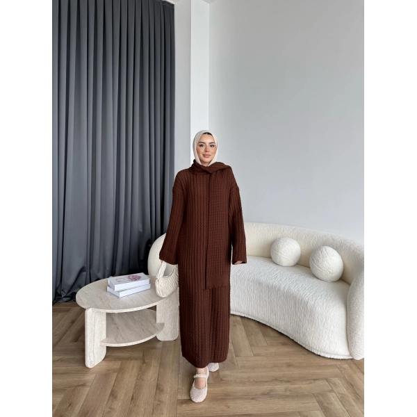 Pln-Atkı Örgü Triko Elbise - Acı Kahve