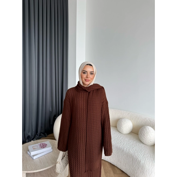 Pln-Atkı Örgü Triko Elbise - Acı Kahve