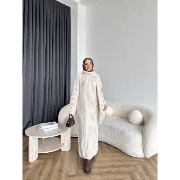 Pln-Atkı Örgü Triko Elbise - Bej